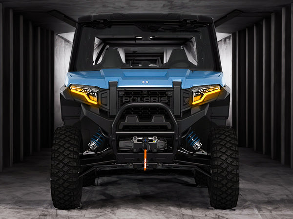 Sequential LED turn signal strips illuminated on 2024+ Polaris Xpedition front end