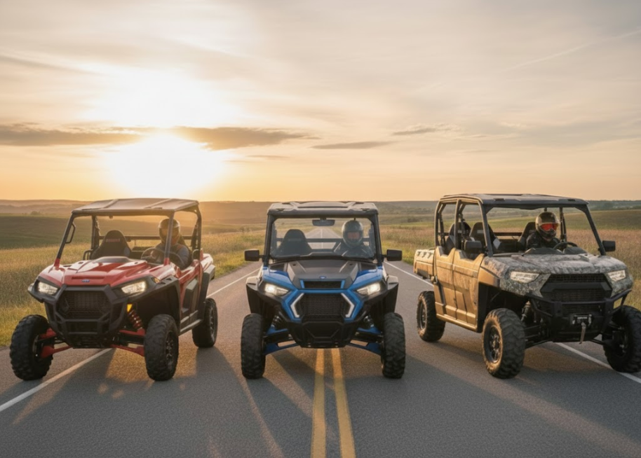 Three different UTV models lined up on a rural road at sunset.