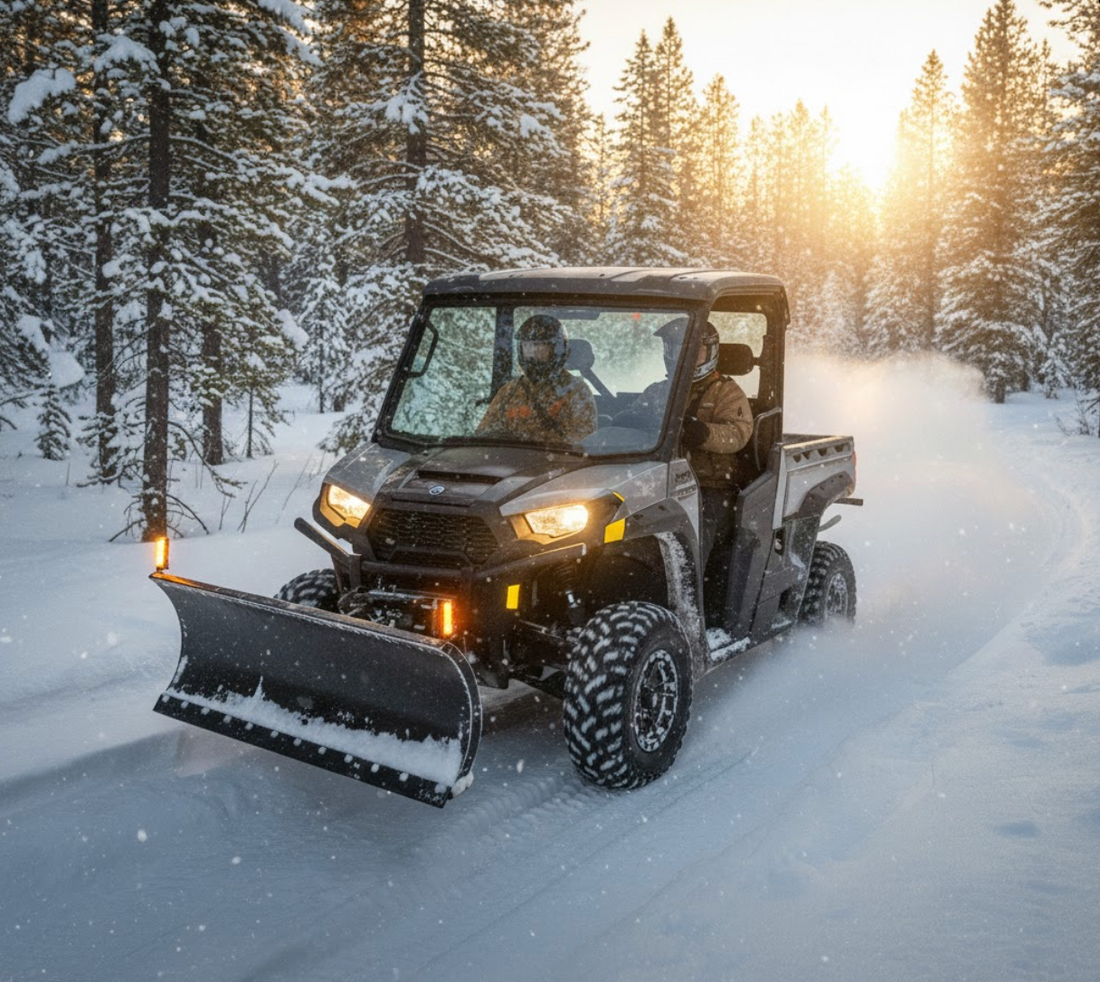UTV with snow plow driving in a snowy forest for winterizing guide.