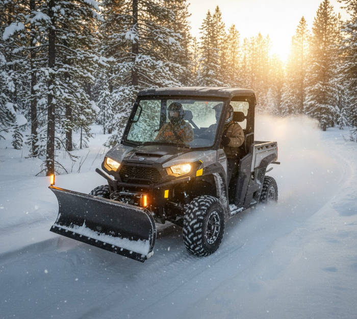 UTV with snow plow driving in a snowy forest for winterizing guide.