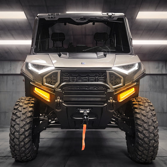 Pair of rectangular auxiliary light pods with integrated turn signal function, unboxed view