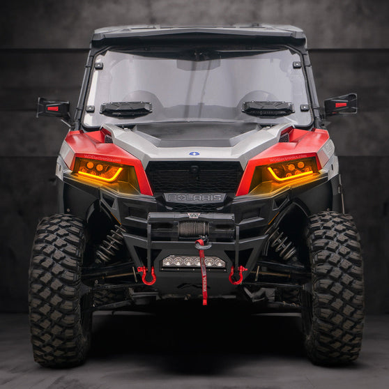 2018+ Polaris General sequential LED turn signal strips mounted on front of UTV