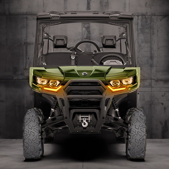 2019+ Can-Am Defender front accent lights illuminated amber during turn signal activation