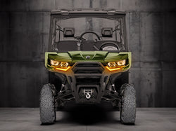 2019+ Can-Am Defender front accent lights illuminated amber during turn signal activation
