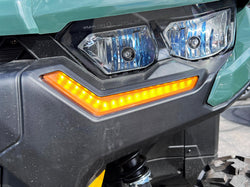 2019+ Can-Am Defender accent lights glowing amber in turn signal mode close-up view