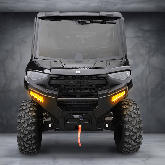 Sequential auxiliary turn signal lights installed on 2025+ Polaris Ranger XP 1000 Northstar front bumper