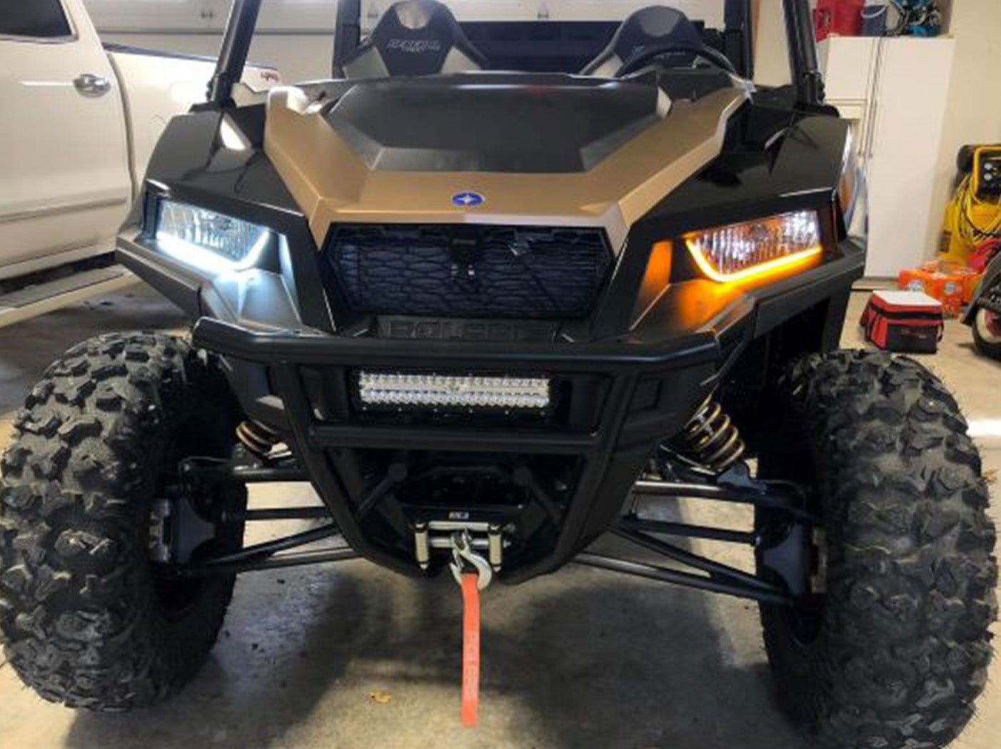 Front view of 2018+ Polaris General with sequential LED turn signal kit installed